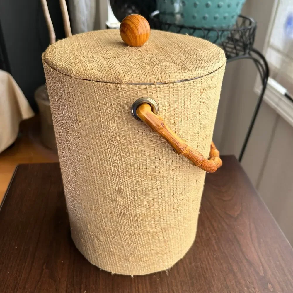 Vintage Mid-Century Modern Tall Grass Cloth Ice Bucket with Bamboo Handle